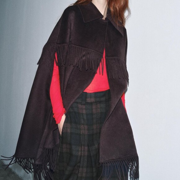 ZARA FRINGED WOOL LONG CAPE - Picture 6 of 12